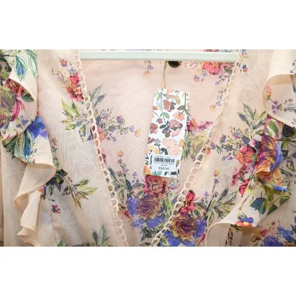 BKE NWT Womens Medium Top Floral Sheer Peach Balloon Sleeve Ruffles Cottage Core - Picture 6 of 10